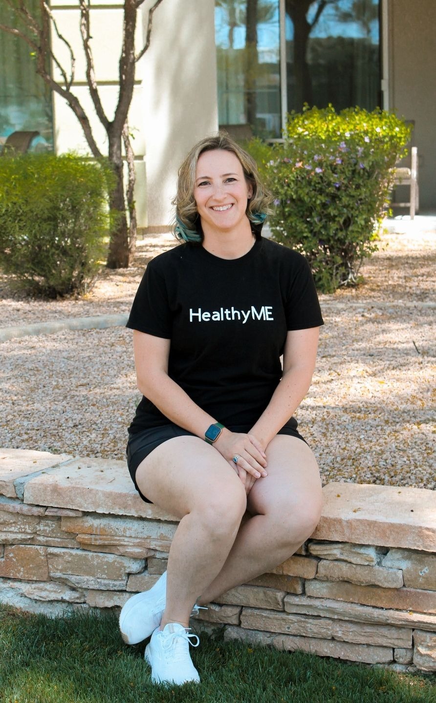 Woman wearing a "Healthy ME" shirt.